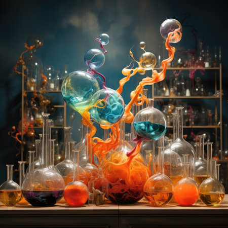 Laboratory glassware with colored liquid and smoke.の素材