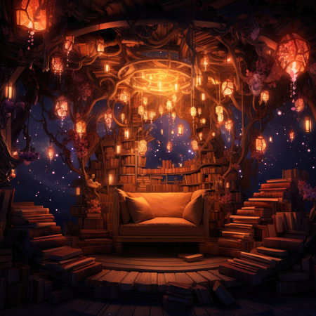 a fairy tale scene with an armchair and booksの素材
