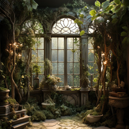 a botanical garden with plants and a windowの素材