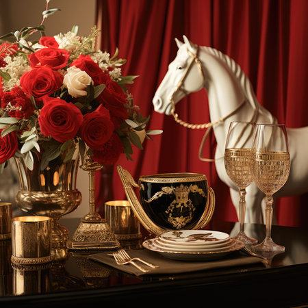 Still life with red roses, wine glasses, candlesticks and a horseの素材