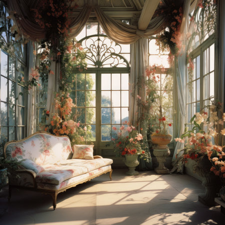 Interior of the old house with a window, a sofa and flowersの素材