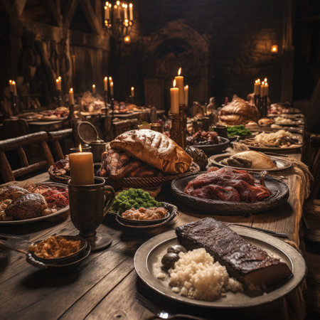 Traditional Jewish holiday table with meat, bread and wine.の素材