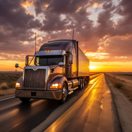 Semi-trailer truck on the road at sunset in summerの素材