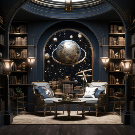 Luxury classic library interior with armchairs, bookshelfs, coffee table and planets.の素材