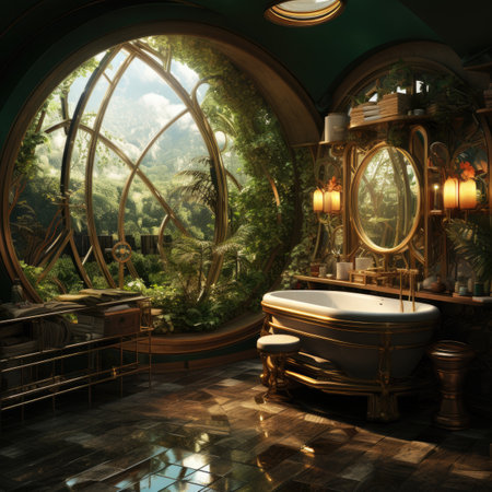 Bathroom interior with a view of the green forest.の素材