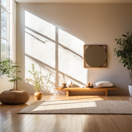 Interior of modern living room with beige walls, tatami mat, round mirror and plants.の素材