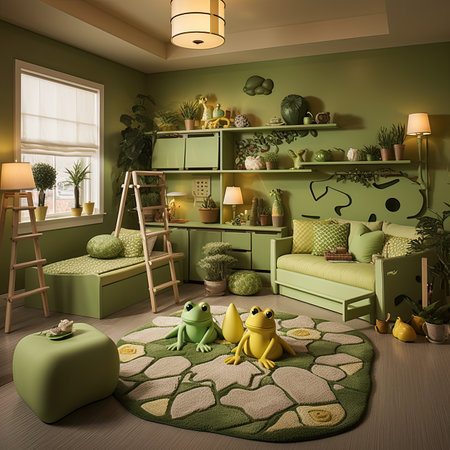 a children's room with green furniture and a frogの素材
