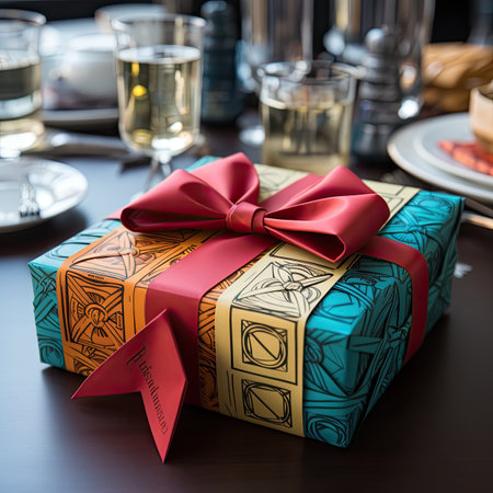 Gift box with red ribbon on the table in restaurant, closeupの素材