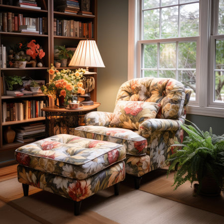 Interior of a living room with armchairs and bookshelvesの素材