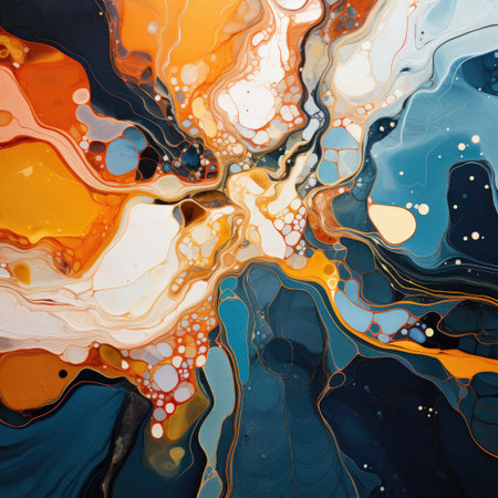 Abstract background of acrylic paint in blue, orange and yellow tones.の素材