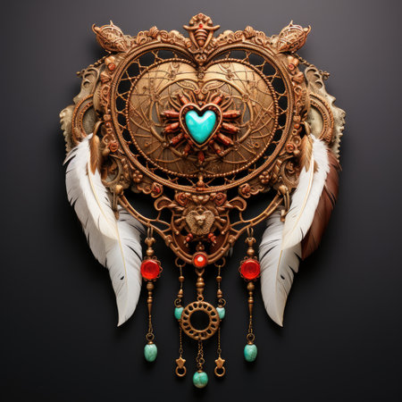 Jewelry, brooch with heart and feathers on black backgroundの素材