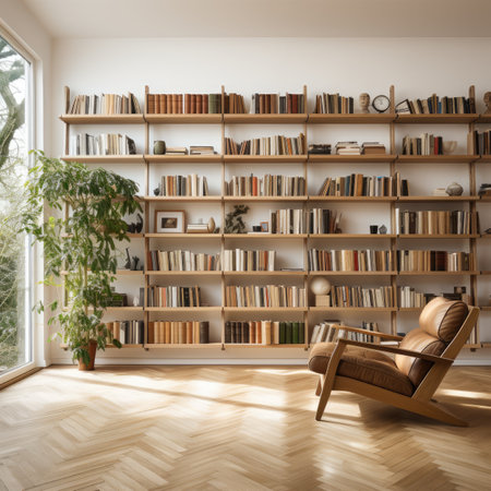 Interior of modern living room with bookshelves and armchairの素材
