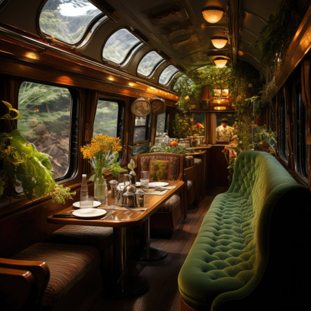 Interior of a restaurant with a green sofa in the foreground.の素材