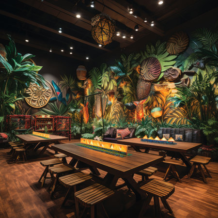 a beautiful tropical restaurant with palm trees and plantsの素材