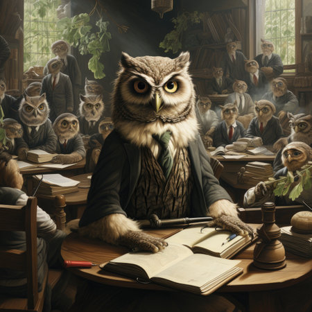 Owl sitting at the table and reading a book in a libraryの素材