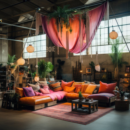 Interior of a modern living room with orange sofa and pillowsの素材