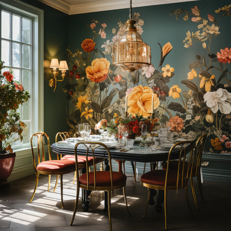 Luxury dining room with floral wall painting.の素材