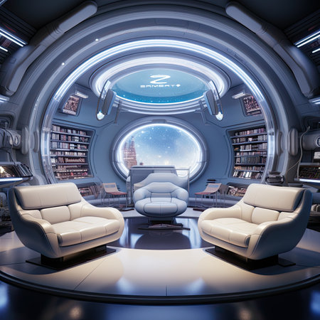 Interior of a futuristic science fiction library.の素材