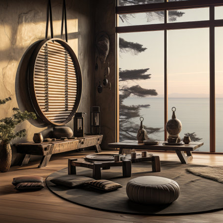 a modern living room with a large window overlooking the seaの素材