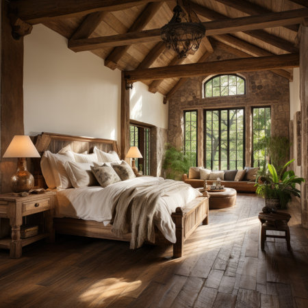 Interior of a rustic bedroom with wooden bed and wooden furnitureの素材