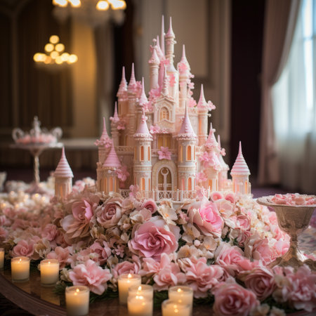 Wedding cake in the form of a pink unicorn with candlesの素材