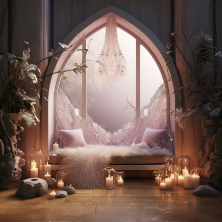 a beautiful room with a large window, flowers and candlesの素材