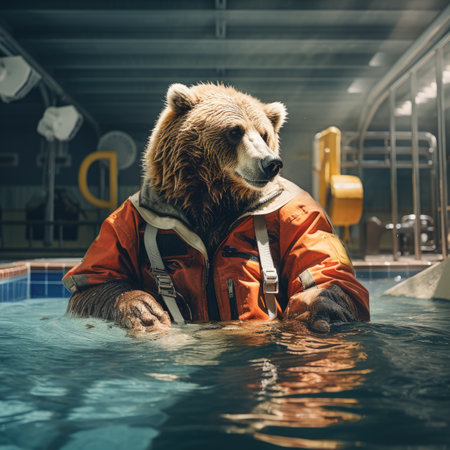Portrait of a brown bear in an orange jacket swimming in the poolの素材