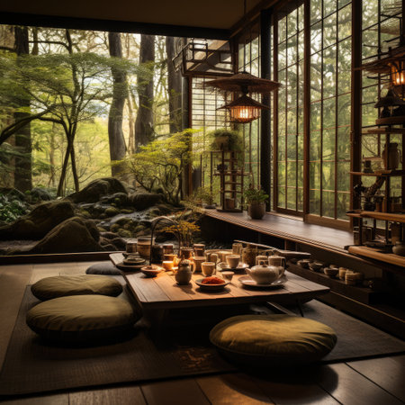 Interior of a Japanese tea house in the forest.の素材