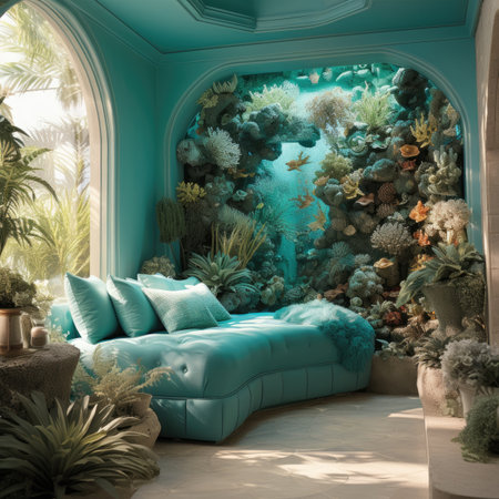 Interior design of living room with blue sofa and green plants.の素材