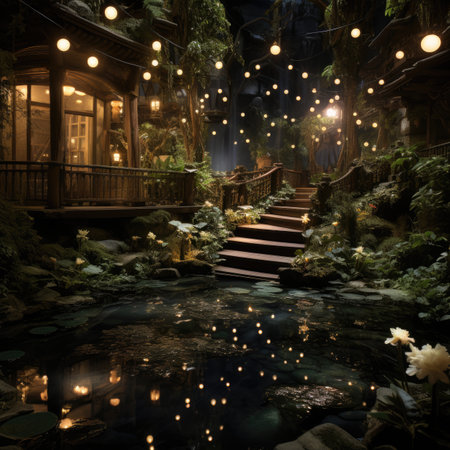 Japanese garden at night with lanterns and plantsの素材