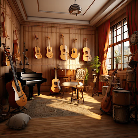 musical instruments in a room with wooden walls.の素材
