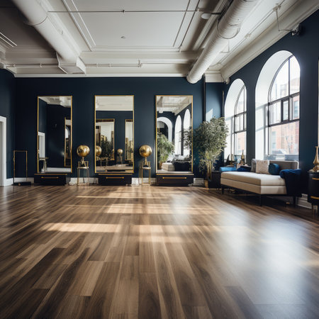 Luxury living room interior with blue walls, wooden floor and black sofa.の素材