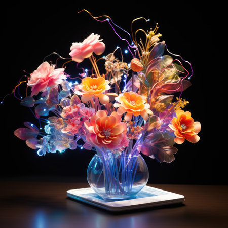Bouquet of artificial flowers in a vase on a dark backgroundの素材