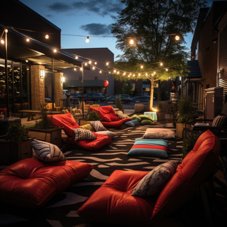 Beautiful cozy terrace with red cushions and pillows at nightの素材