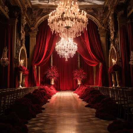 Luxury interior of a royal palace with red curtains and a chandelier.の素材