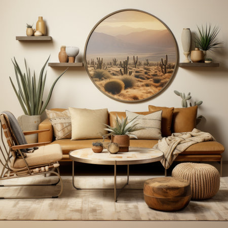 Interior of modern living room with brown sofa, armchair and round mirrorの素材