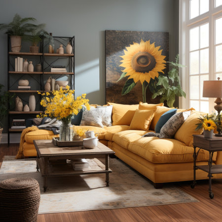Modern living room interior with yellow sofa and sunflowers.の素材