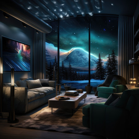 Interior of the room with a beautiful view on the mountains.の素材