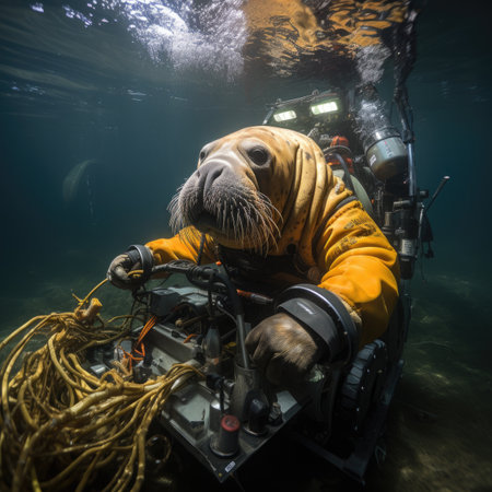 Sea lion swimming underwater in the deep blue ocean with scuba diving equipmentの素材
