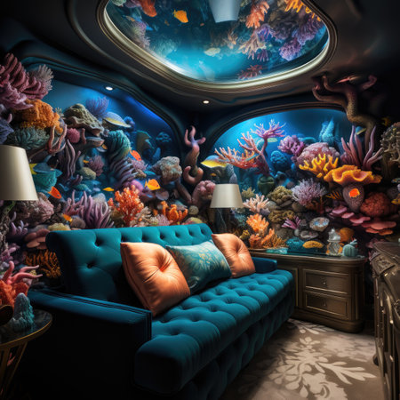 Interior of the room with a blue sofa and a coral reefの素材