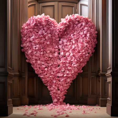 Heart made of pink rose petals in front of a wooden doorの素材
