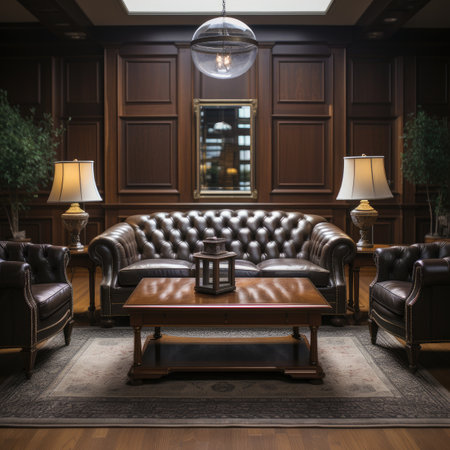 Luxury interior of a living room with a leather sofa and a tableの素材