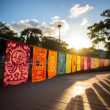 Colorful paper lanterns on the wooden bridge in the morning.の素材