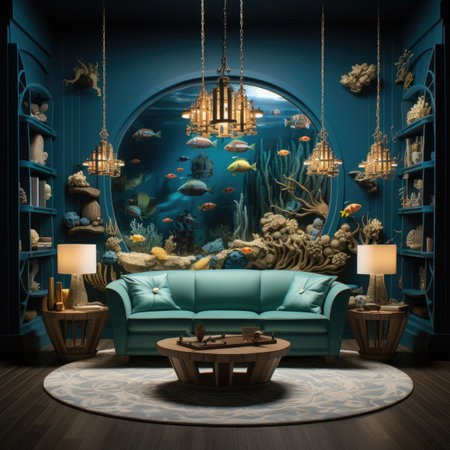 Fantasy fantasy living room with blue sofa, fish and plants.の素材