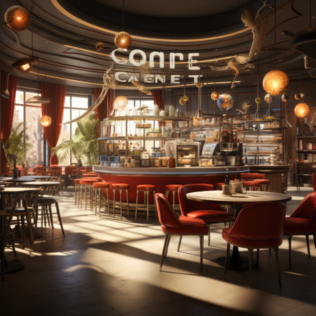 a coffee shop or cafe interior with red chairsの素材