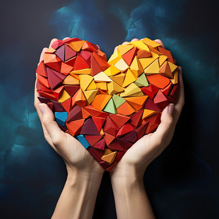 Colorful origami heart in female hands on a dark blue backgroundの素材