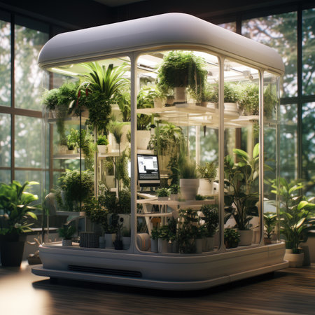 a modern office interior with plants in a glass showcaseの素材