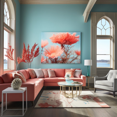 Interior of the living room with a pink sofa.の素材