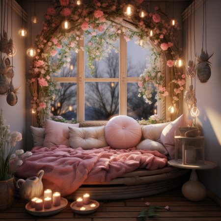 a cozy bedroom with a large window and flowersの素材