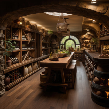 Interior of wine cellar with shelves full of wine and wooden tableの素材